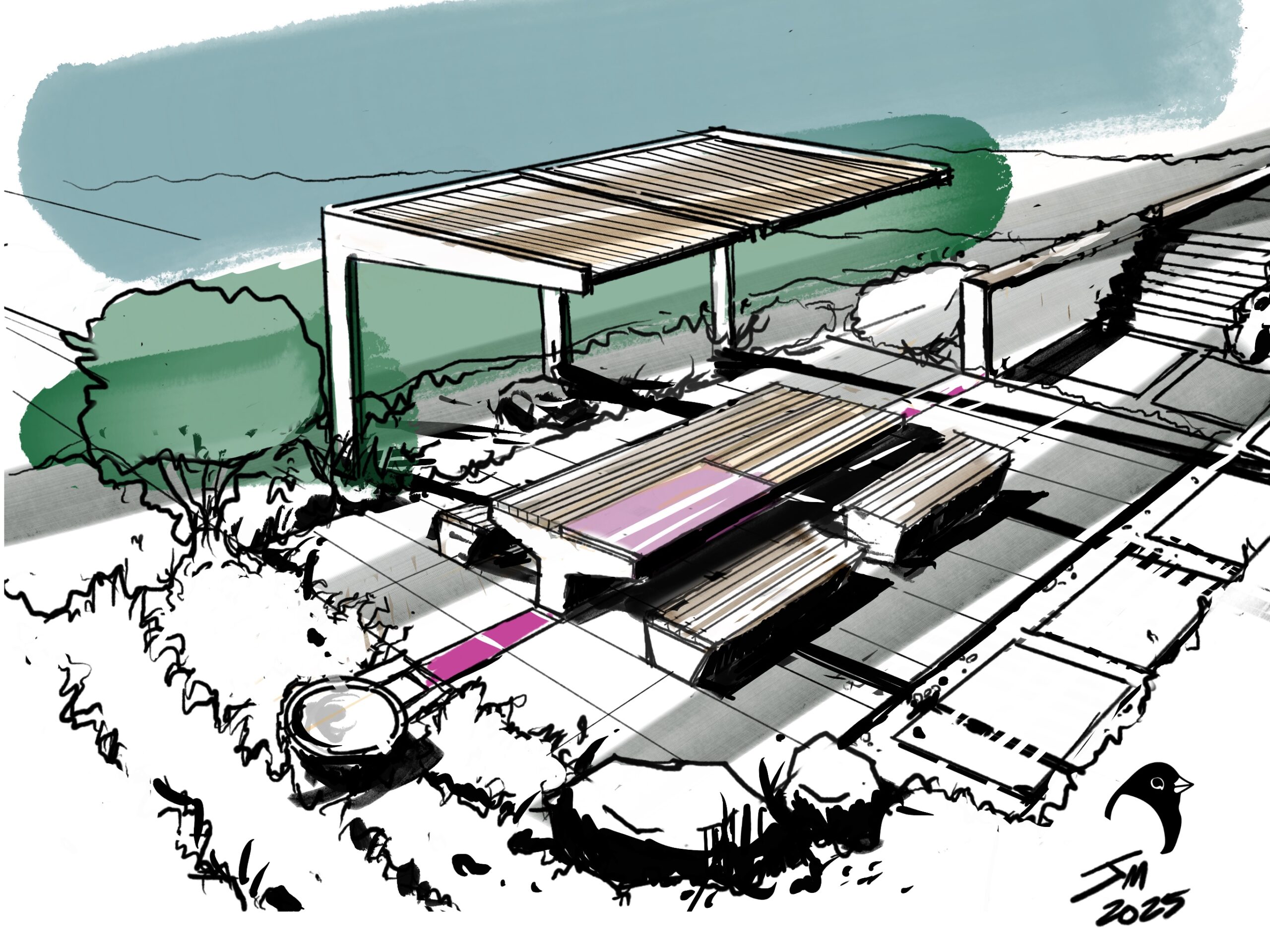 Hand-drawn landscape architecture close-up sketch of a patio space with a custom harvest table and arbour. 