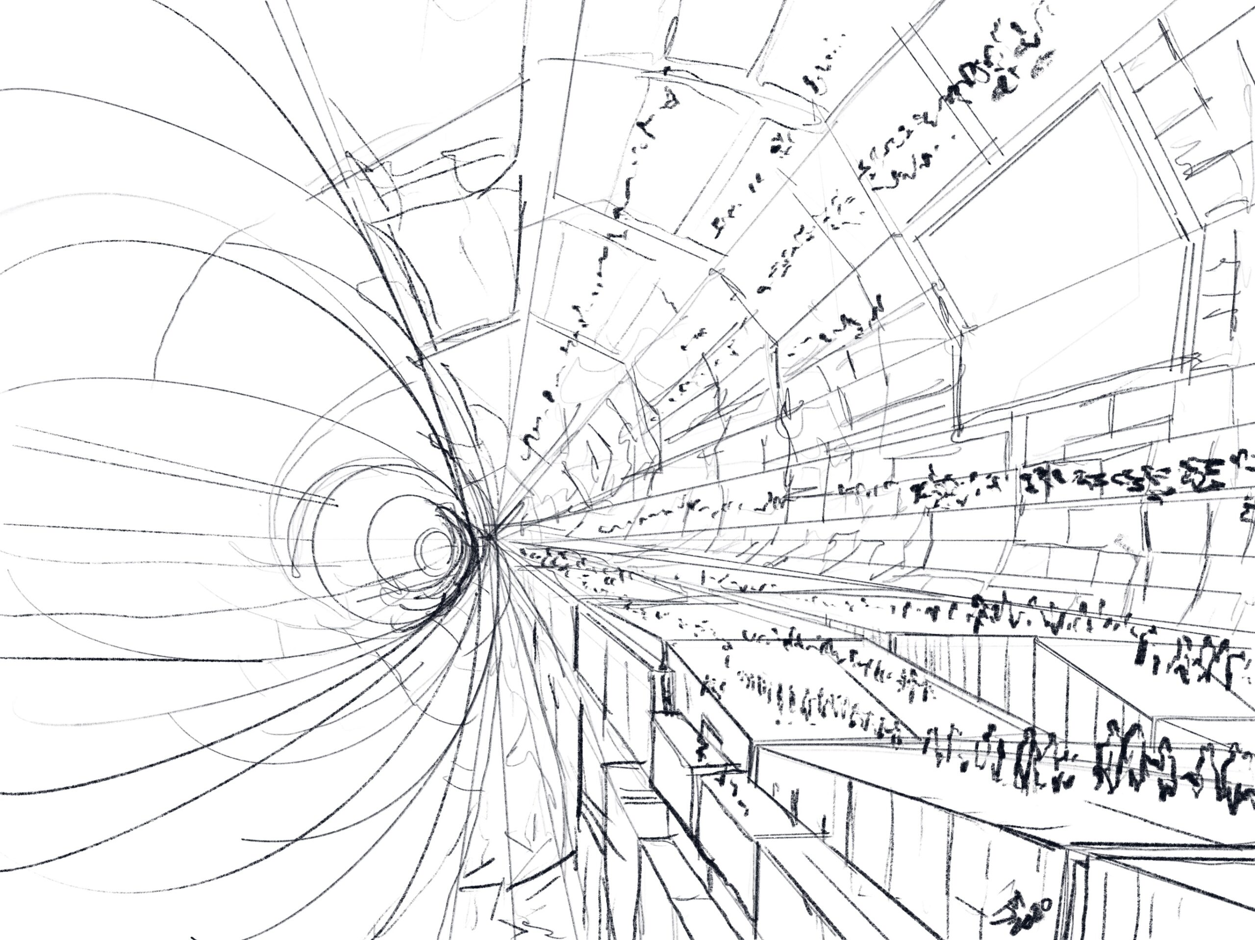 Hand-drawn conceptual sketch showing a long undulating concourse with a vortex-like perspective effect.