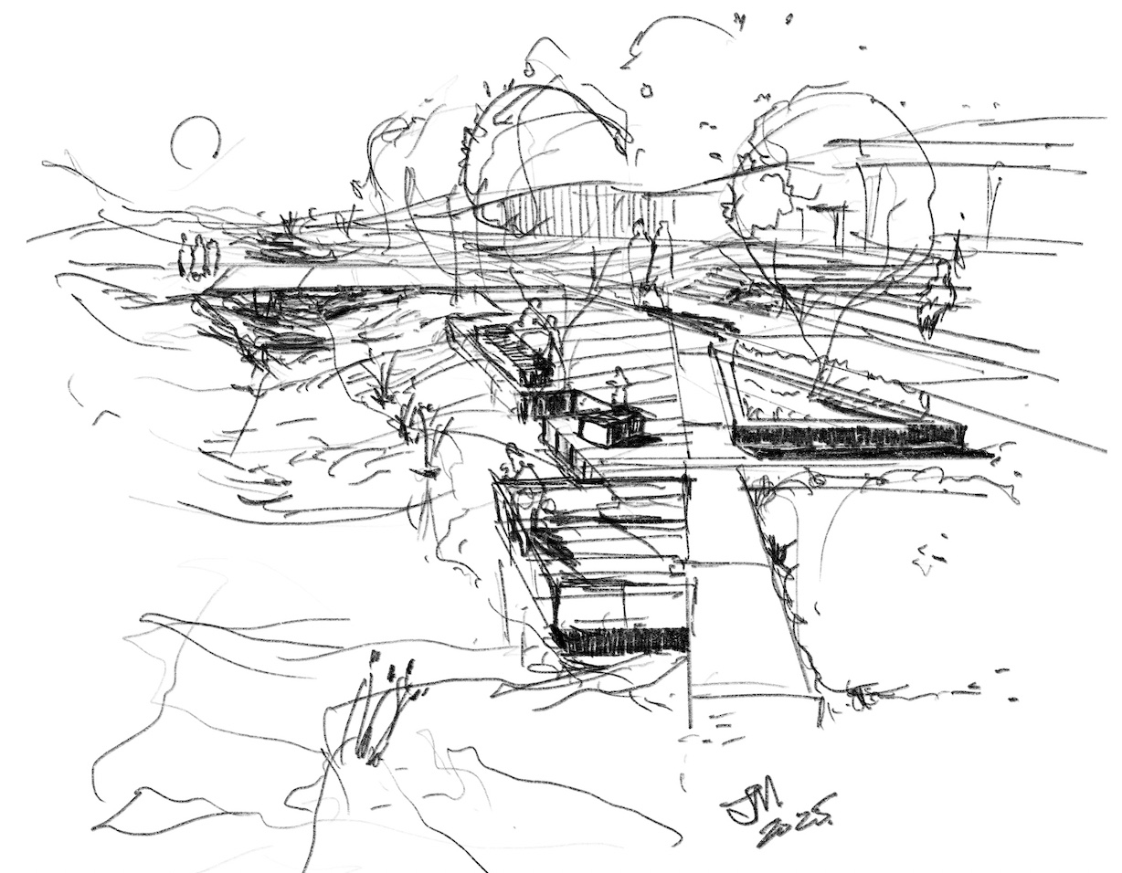 Hand-drawn landscape architecture sketch of a riparian park with boardwalks, stepped terraces, and shoreline vegetation.